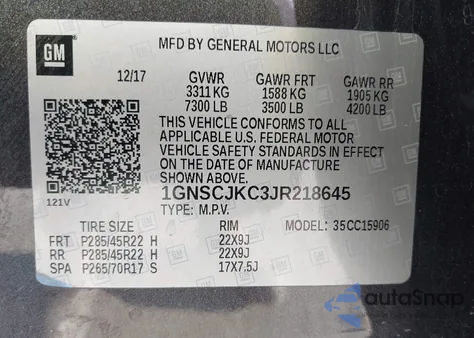 2018 Chevrolet Suburban Premier from USA, damaged, VIN 1GNSCJKC3JR218645